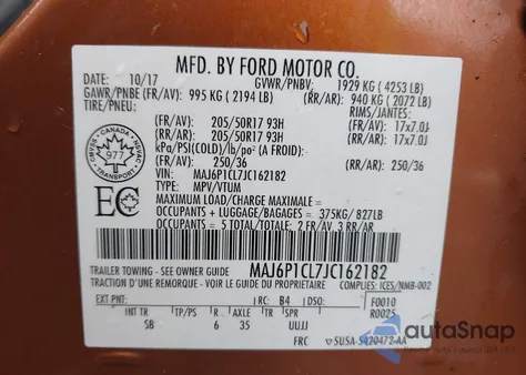 2018 Ford Ecosport Ses z USA, uszkodzony, nr VIN MAJ6P1CL7JC162182